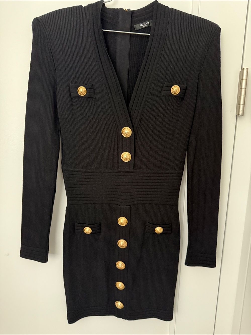 Balmain Black Ribbed Gold-Button Blazer Dress